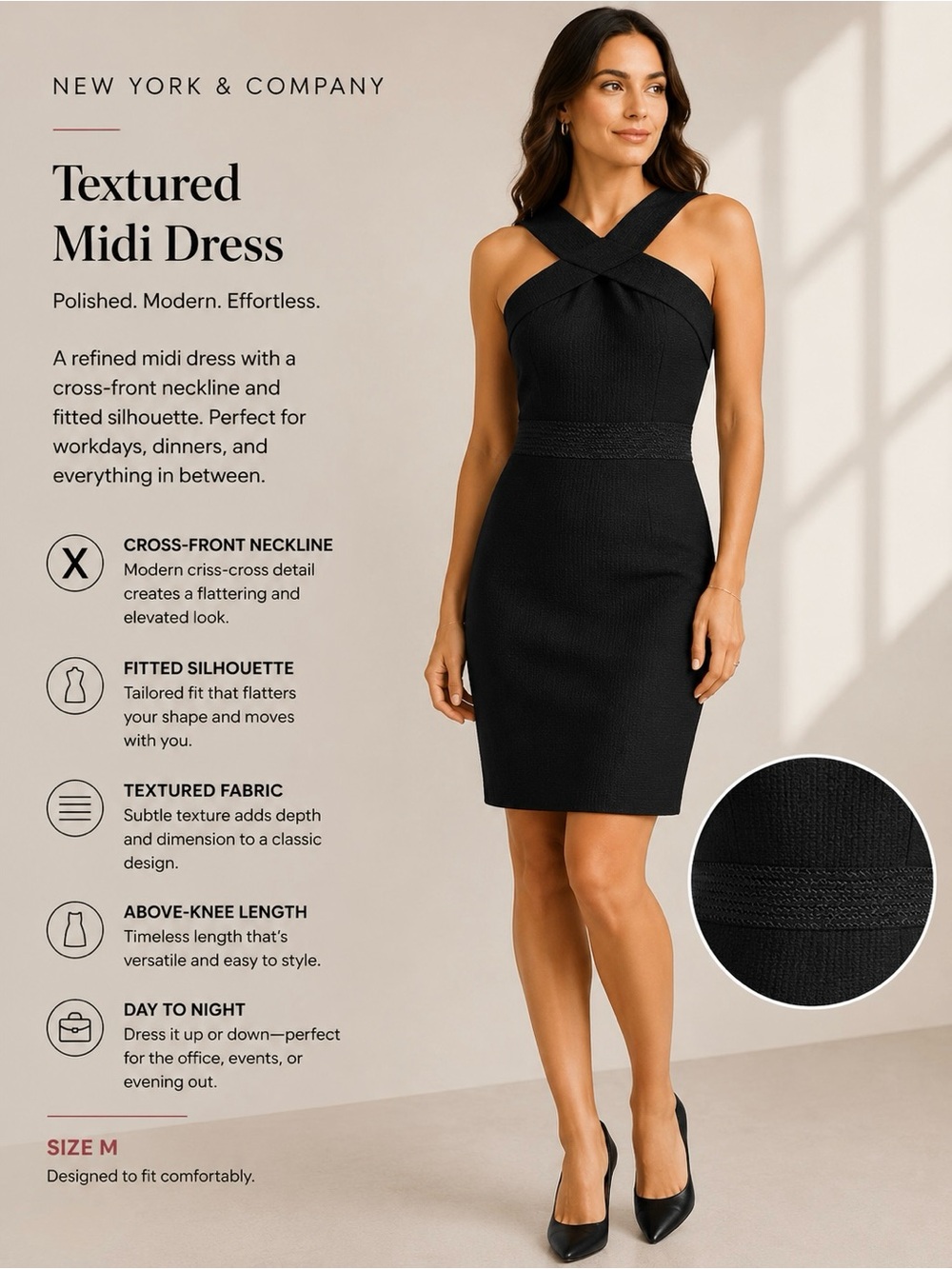 New York & Company Black Textured Midi Dress Size M
